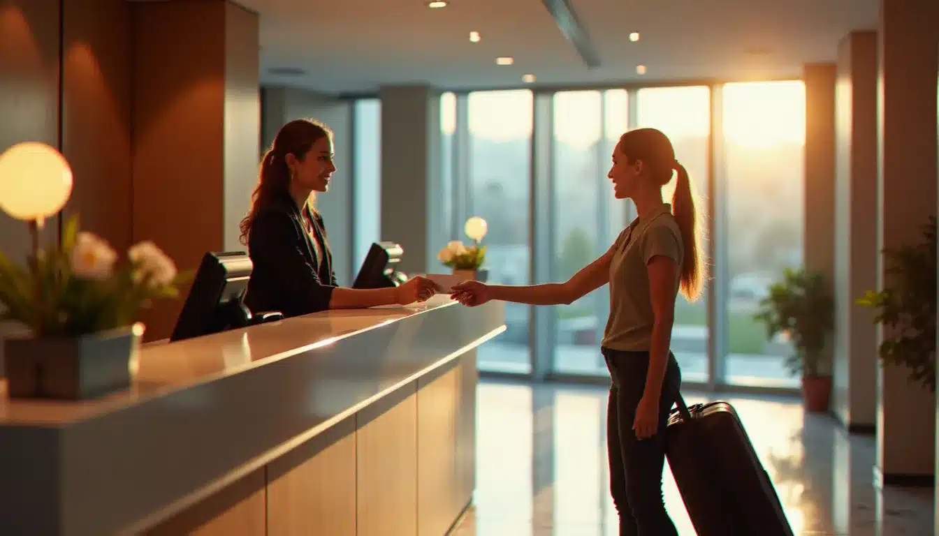 Réception d'hôtel lors du passage général, avec remise de clé de chambre à un voyageur à l'arrivée