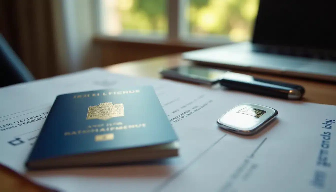 Carte d'identité française et passeport posés sur un bureau de réception d'hôtel avec une clé de chambre