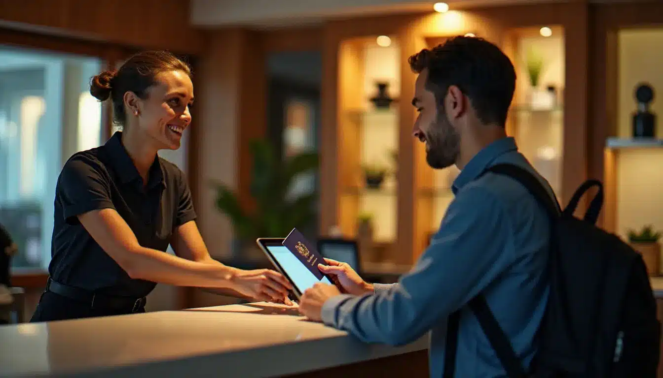 Voyageur présentant son passeport à la réception d'un hôtel lors de l'enregistrement avec une tablette numérique