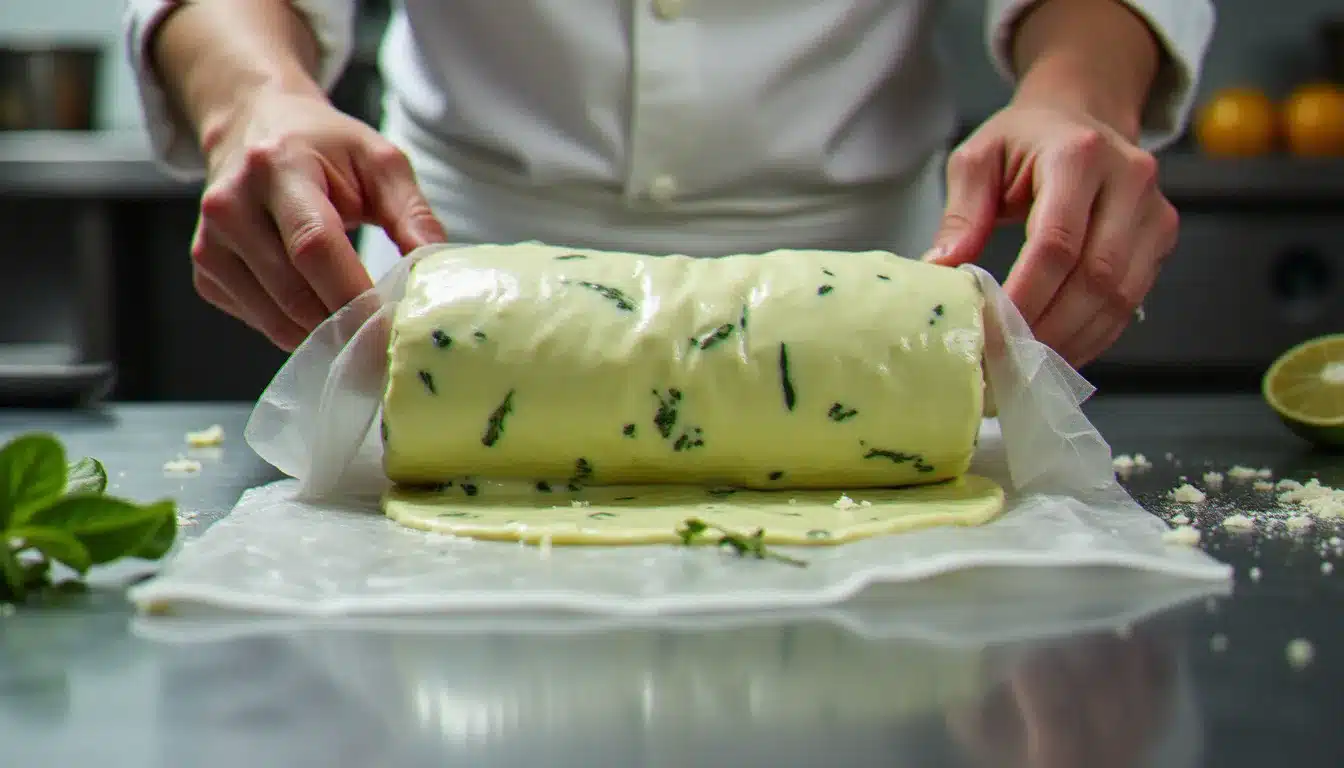 Mains de cuisinier façonnant un rouleau de beurre d'hôtel aux herbes dans du film alimentaire sur un plan de travail en inox