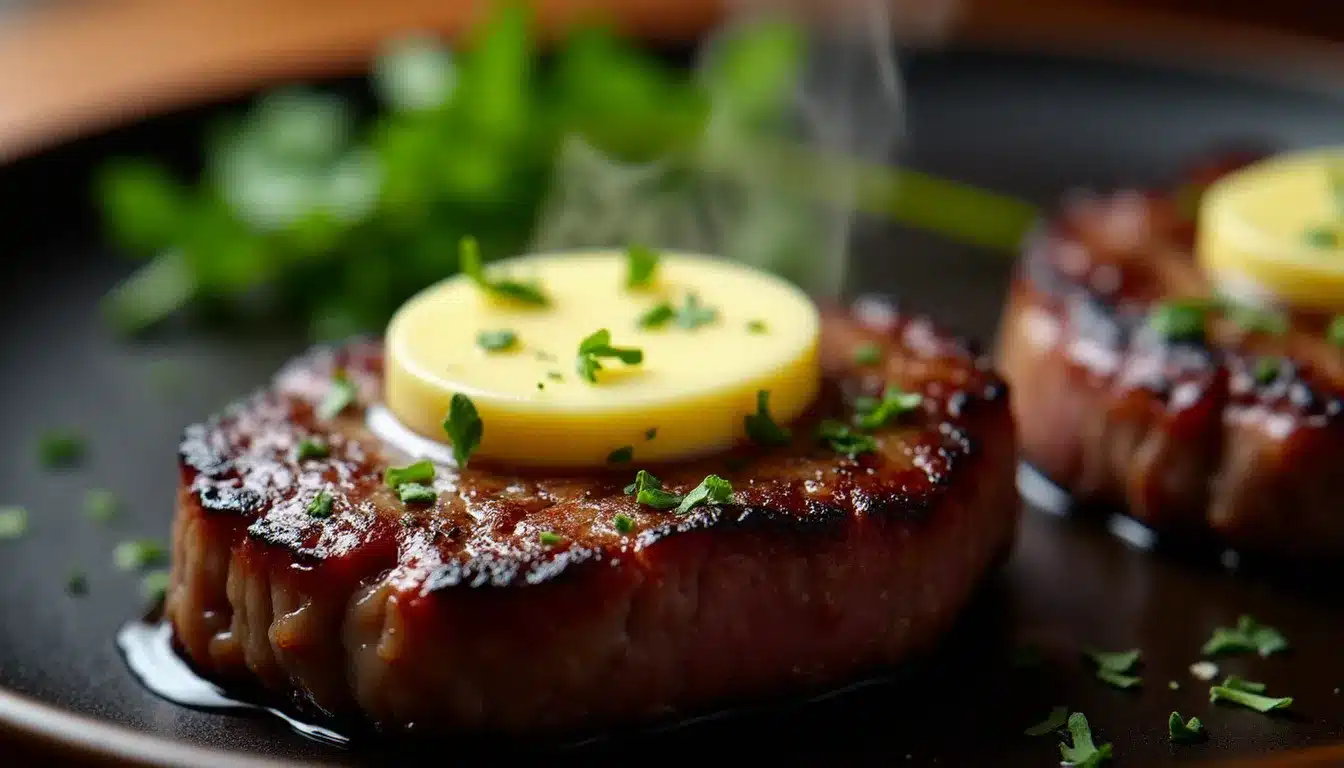 Médaillon de recette beurre d'hôtel au persil fondant sur un steak grillé dans un cadre de restaurant gastronomique