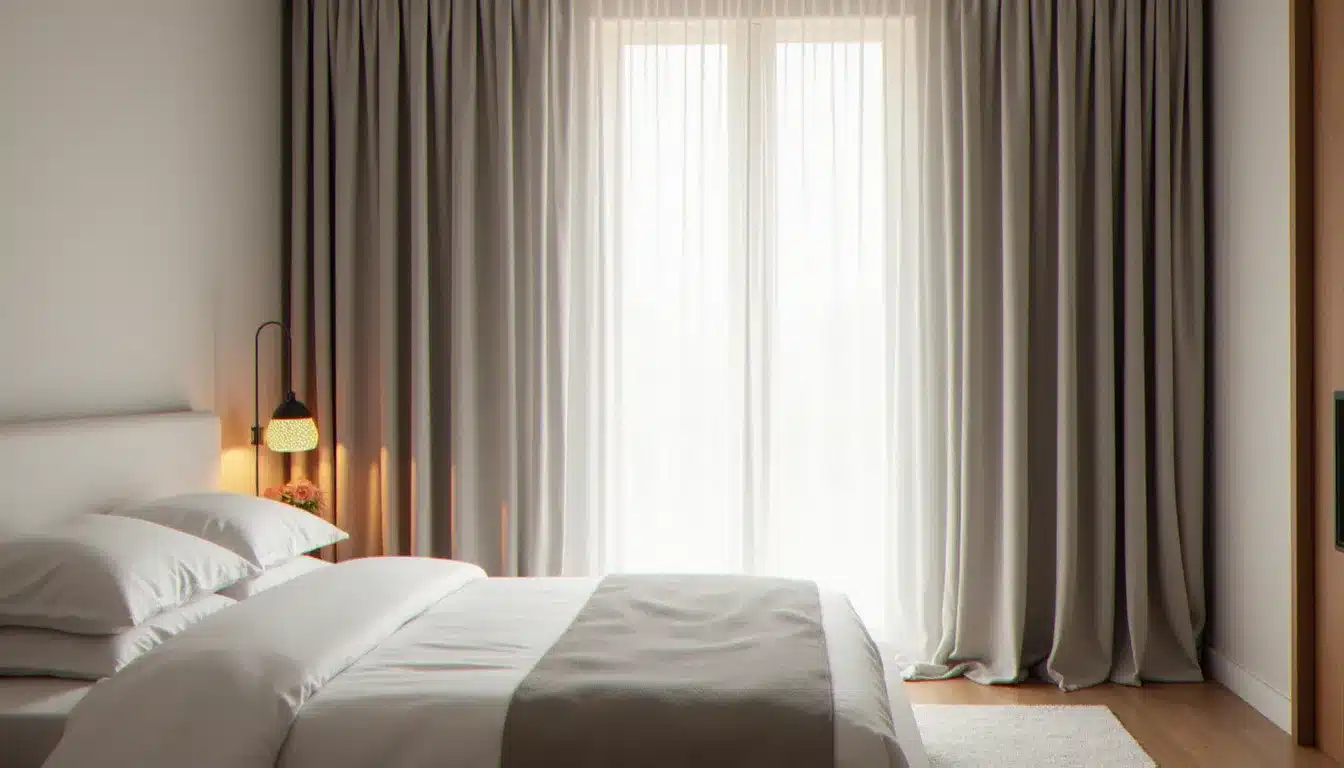 Chambre d'hôtel élégante avec tende effetto hotel en double couche, voilage blanc et rideau occultant gris tombant du plafond au sol