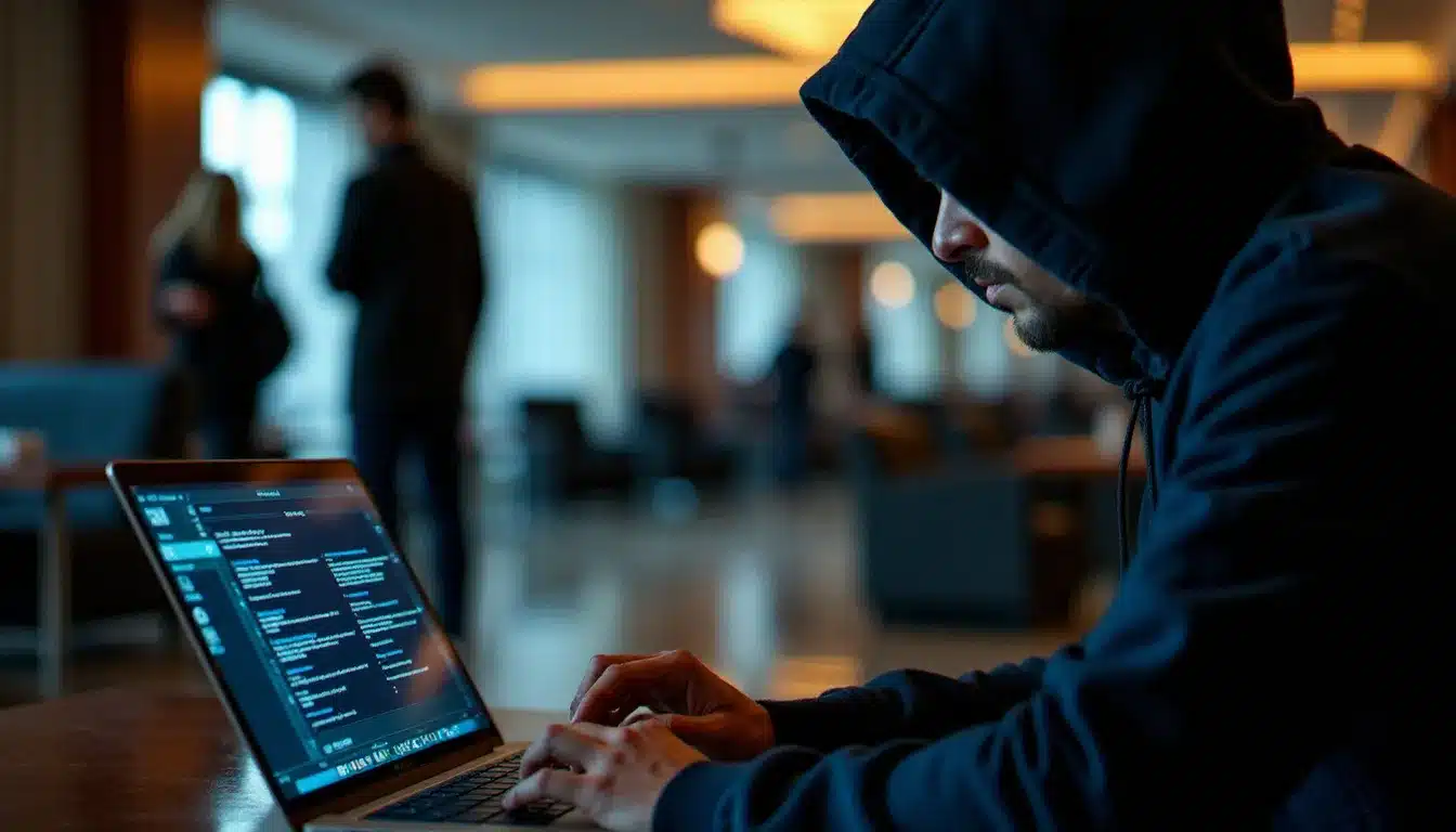 Personne utilisant un ordinateur portable dans le hall d'un hôtel pour intercepter des données sur le réseau wifi public