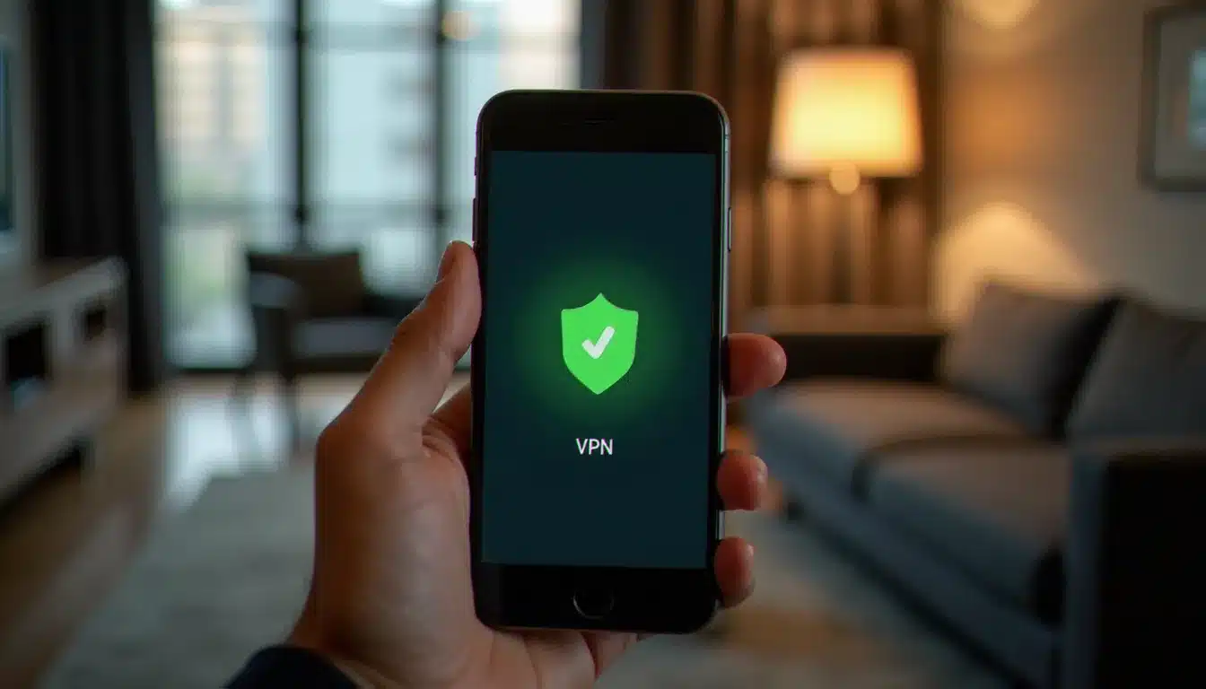 Main tenant un smartphone affichant une application VPN activée dans une chambre d'hôtel, solution pour se protéger du danger du wifi hôtel