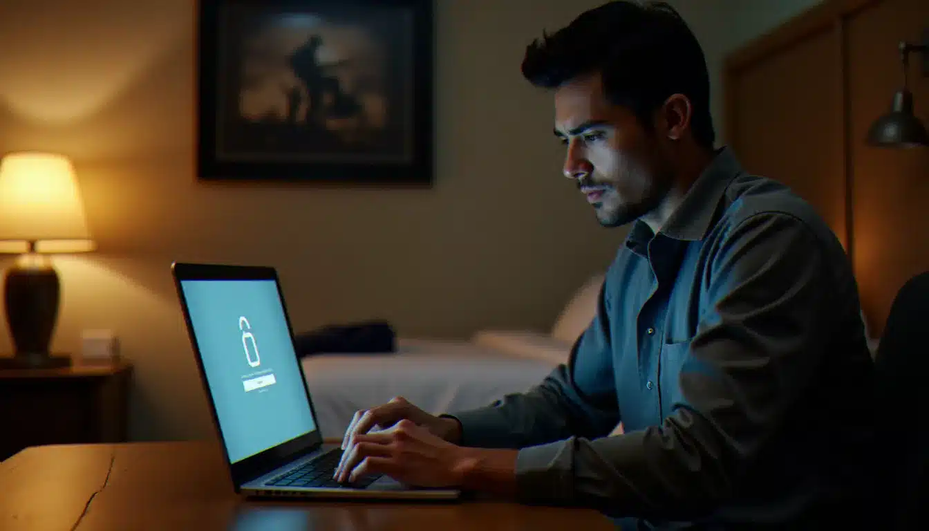 Voyageur connecté au wifi d'un hôtel sur son ordinateur portable la nuit, illustrant les dangers du wifi hôtel