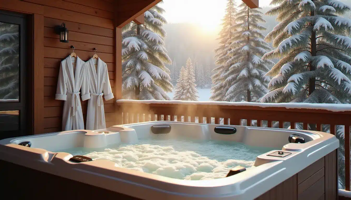 Jacuzzi privatif extérieur sur un balcon de chalet alpin avec vue sur une forêt enneigée, vapeur s'échappant du bain bouillonnant