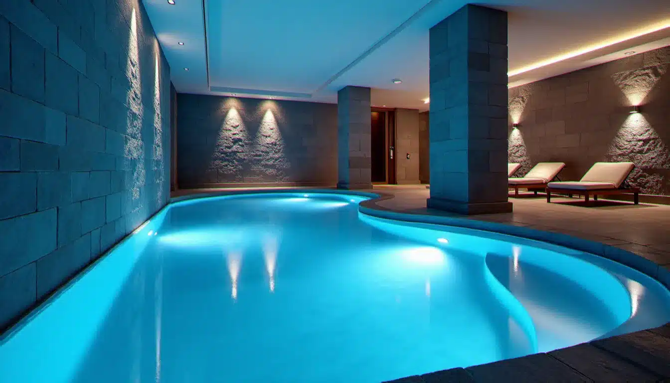 Espace spa intérieur d'un hôtel avec jacuzzi commun encastré dans la pierre, éclairage LED indirects bleutés et chaises longues en arrière-plan
