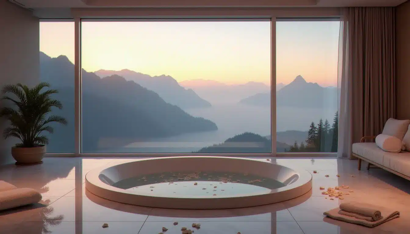 Chambre d'hôtel avec jacuzzi privatif face à une grande baie vitrée donnant sur un paysage montagneux, éclairage tamisé et serviettes blanches
