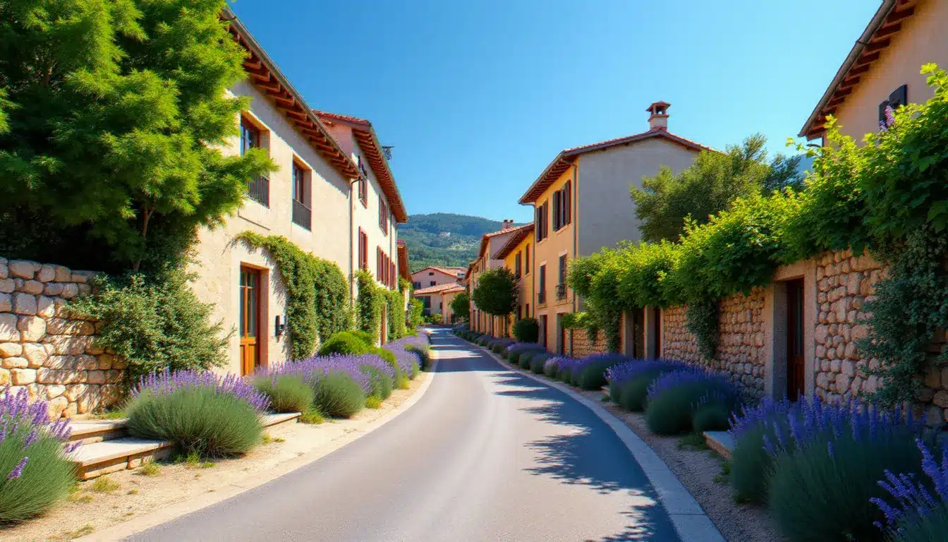Route provençale menant au village de Biot dans les Alpes-Maritimes, entourée de végétation typique de l'arrière-pays azuréen
