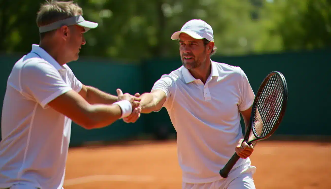 Séance de coaching tennis sur court en terre battue au Mouratoglou Hotel & Resort, entraîneur professionnel et joueur adulte en plein apprentissage