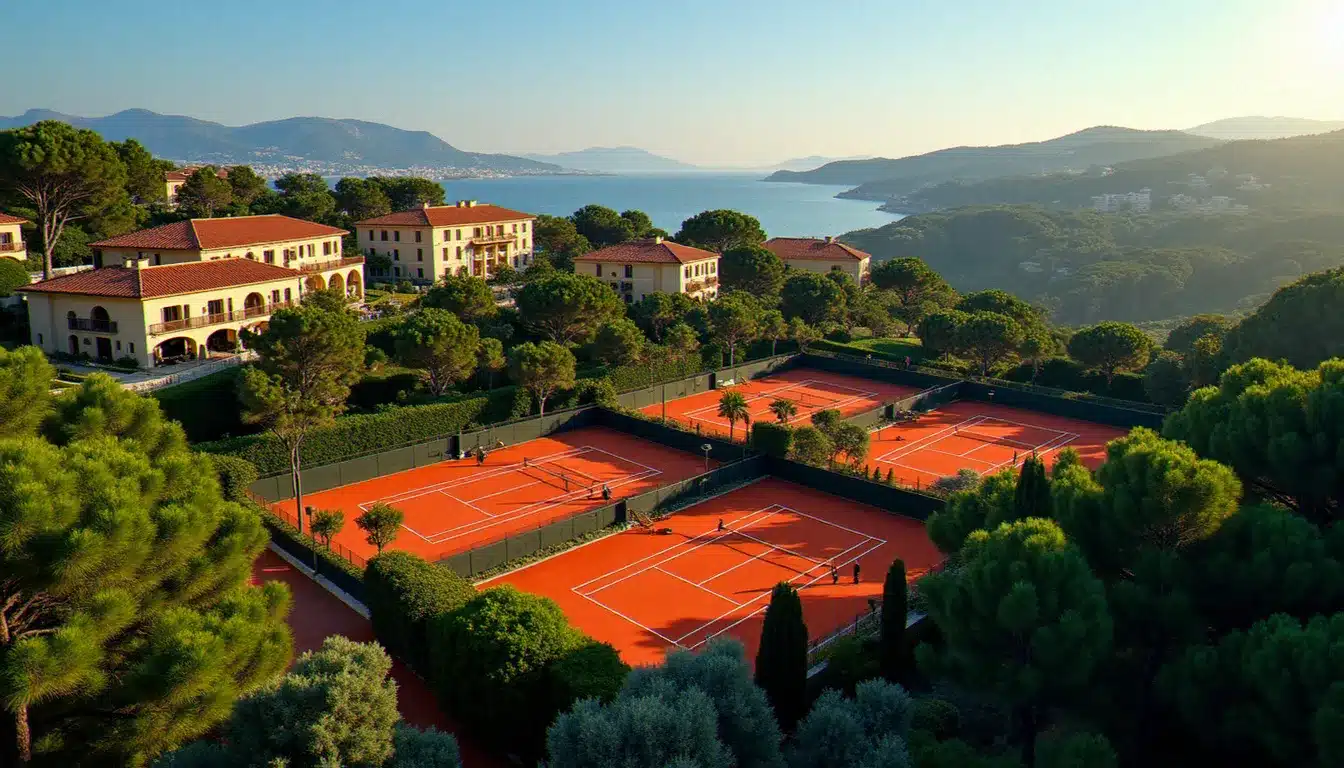 Vue aérienne du Mouratoglou Hotel & Resort à Biot, courts de tennis en terre battue et bâtiments hôteliers entourés de végétation méditerranéenne