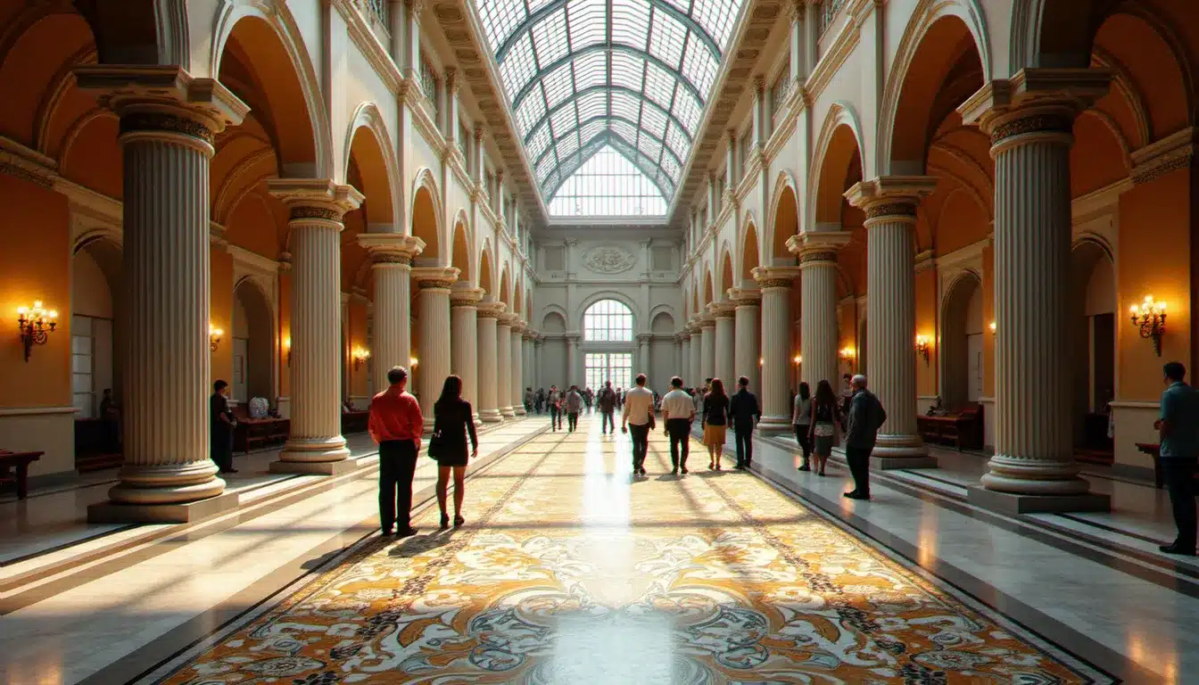 Hall intérieur Belle Époque d'un hôtel des bains avec sol en mosaïque Art nouveau et haute verrière lumineuse