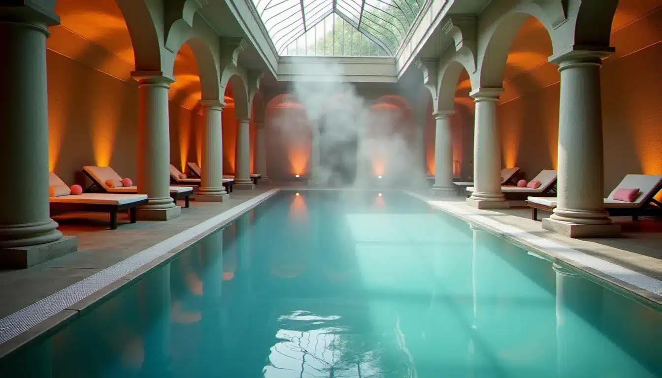 Piscine thermale intérieure d'un hôtel des bains rénové avec vapeur d'eau et ambiance lumineuse feutrée