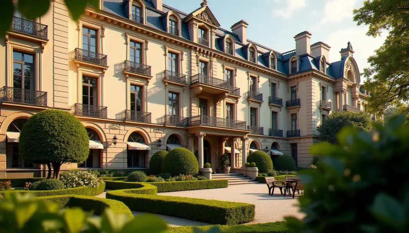 Façade Belle Époque d'un hôtel des bains avec balcons en fer forgé et jardins soignés en premier plan