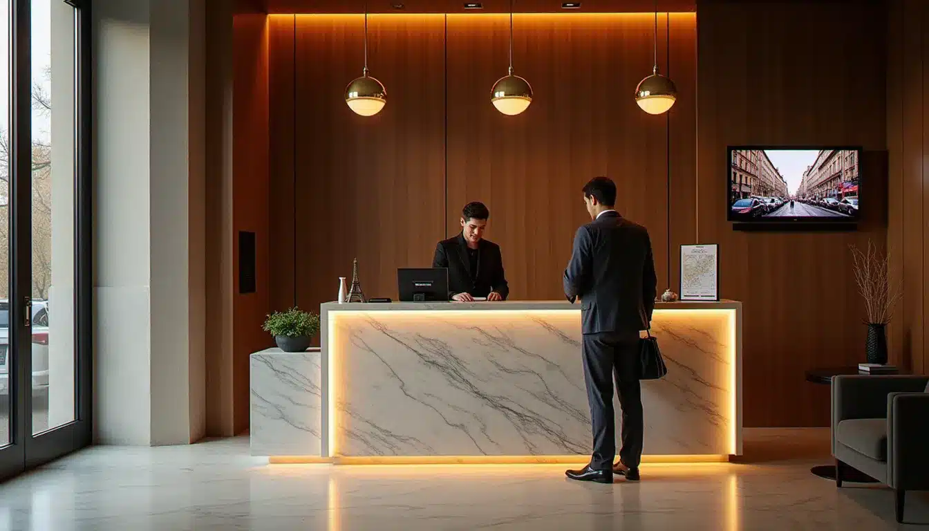 Réception d'un hôtel de catégorie trois étoiles à Paris, avec un client en train de faire son enregistrement et une carte de la ville sur le comptoir