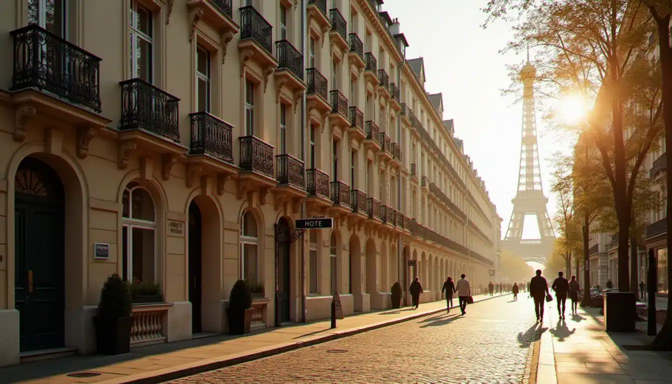 Façade d'un hôtel France Eiffel en pierre haussmannienne dans le 7e arrondissement, la Tour Eiffel visible en arrière-plan dans une brume matinale