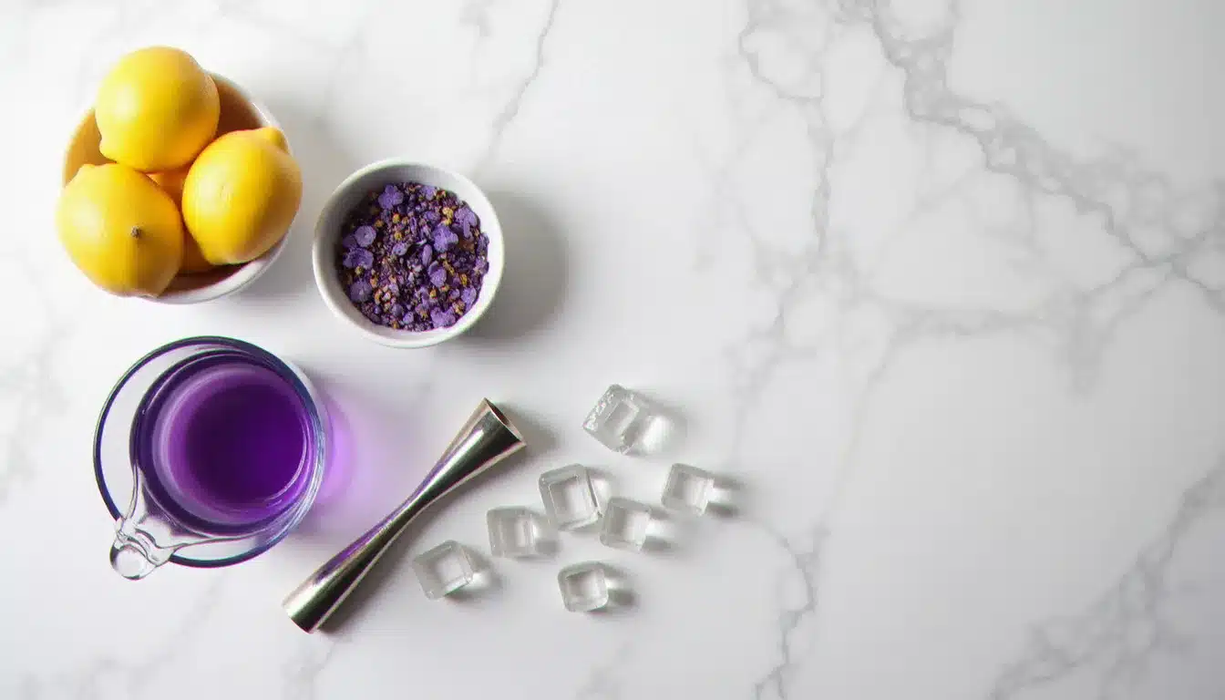Ingrédients pour la recette hotel galactic disposés sur un plan de travail en marbre : fleurs de pois bleu, citrons frais et sirop de violette