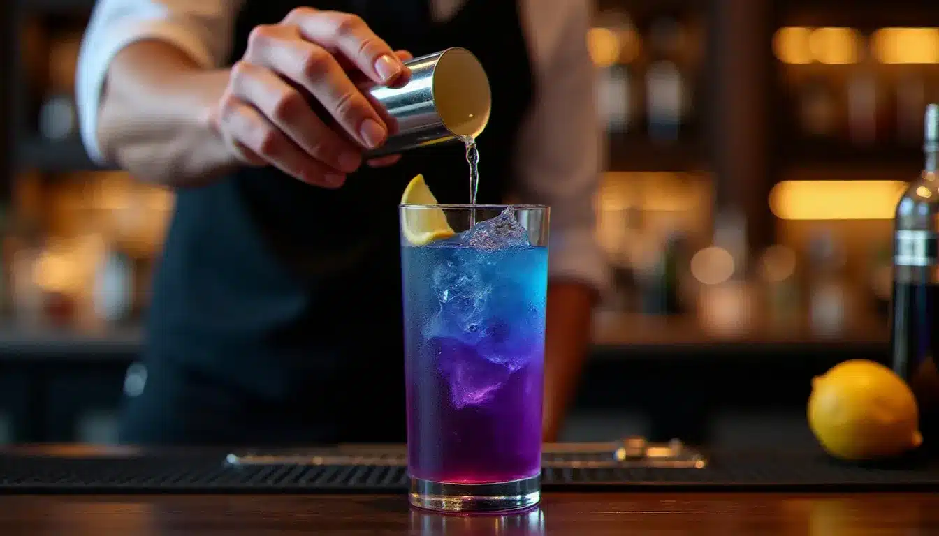 Barman versant du jus de citron dans un verre bleu qui vire au violet lors de la préparation d'un cocktail galactique dans un bar d'hôtel