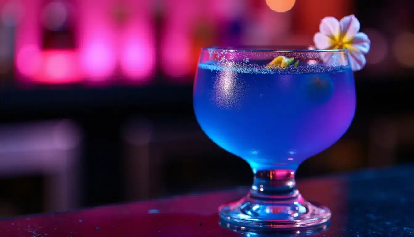 Recette hotel galactic : cocktail aux teintes bleues et violettes dans une coupe en cristal sur le comptoir d'un bar d'hôtel