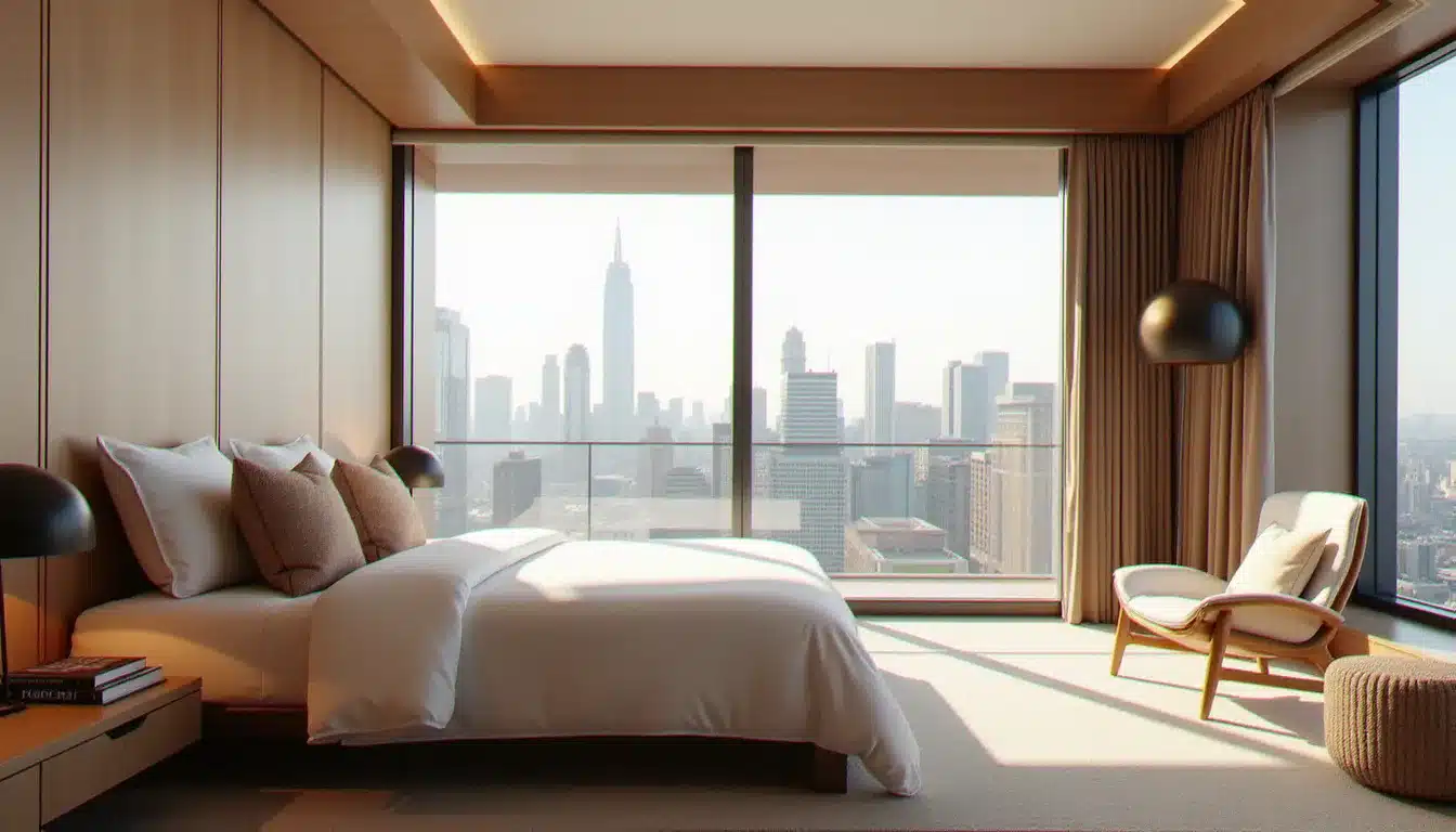 Chambre d'hôtel de luxe avec vue panoramique sur une skyline urbaine, literie blanche impeccable et design épuré, critères d'évaluation des guides hôteliers