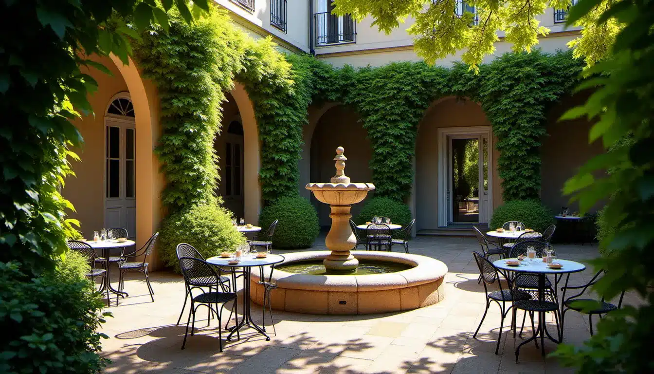 Cour intérieure d'un boutique-hôtel de luxe avec fontaine en pierre et terrasse ombragée, exemple d'établissement haut de gamme à taille humaine