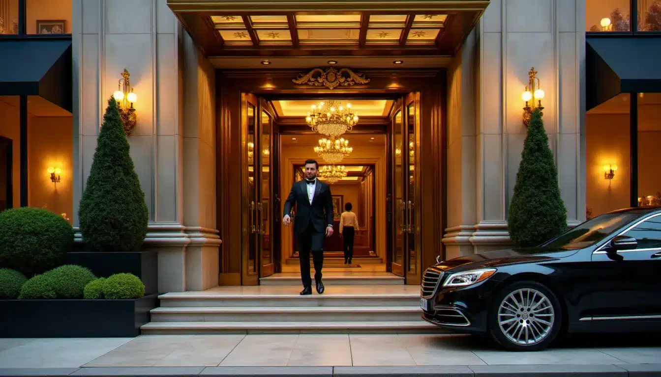 Entrée d'un grand hôtel de luxe au coucher du soleil, façade en marbre avec portier en uniforme, illustrant la sélection hotel guide luxury
