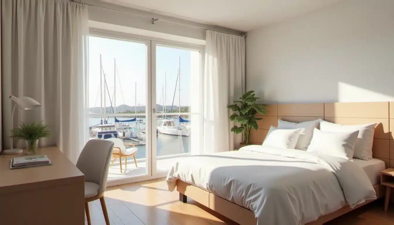 Chambre double d'un hôtel côtier français avec vue sur le port de plaisance par une grande fenêtre lumineuse