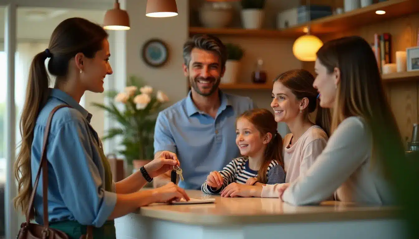 Famille en train de s'enregistrer à la réception d'un petit hôtel indépendant côtier avec décor nautique