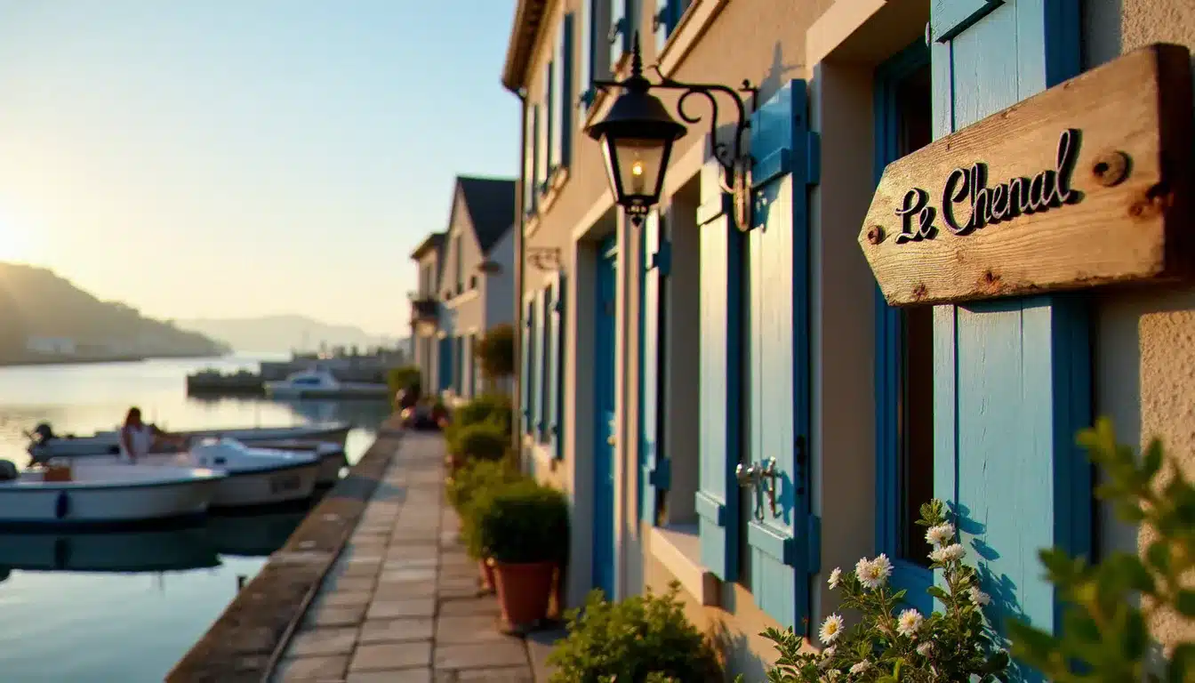 Façade d'un hôtel le chenal en bord de port avec bateaux de pêche amarrés, volets bleus et lumière matinale dorée