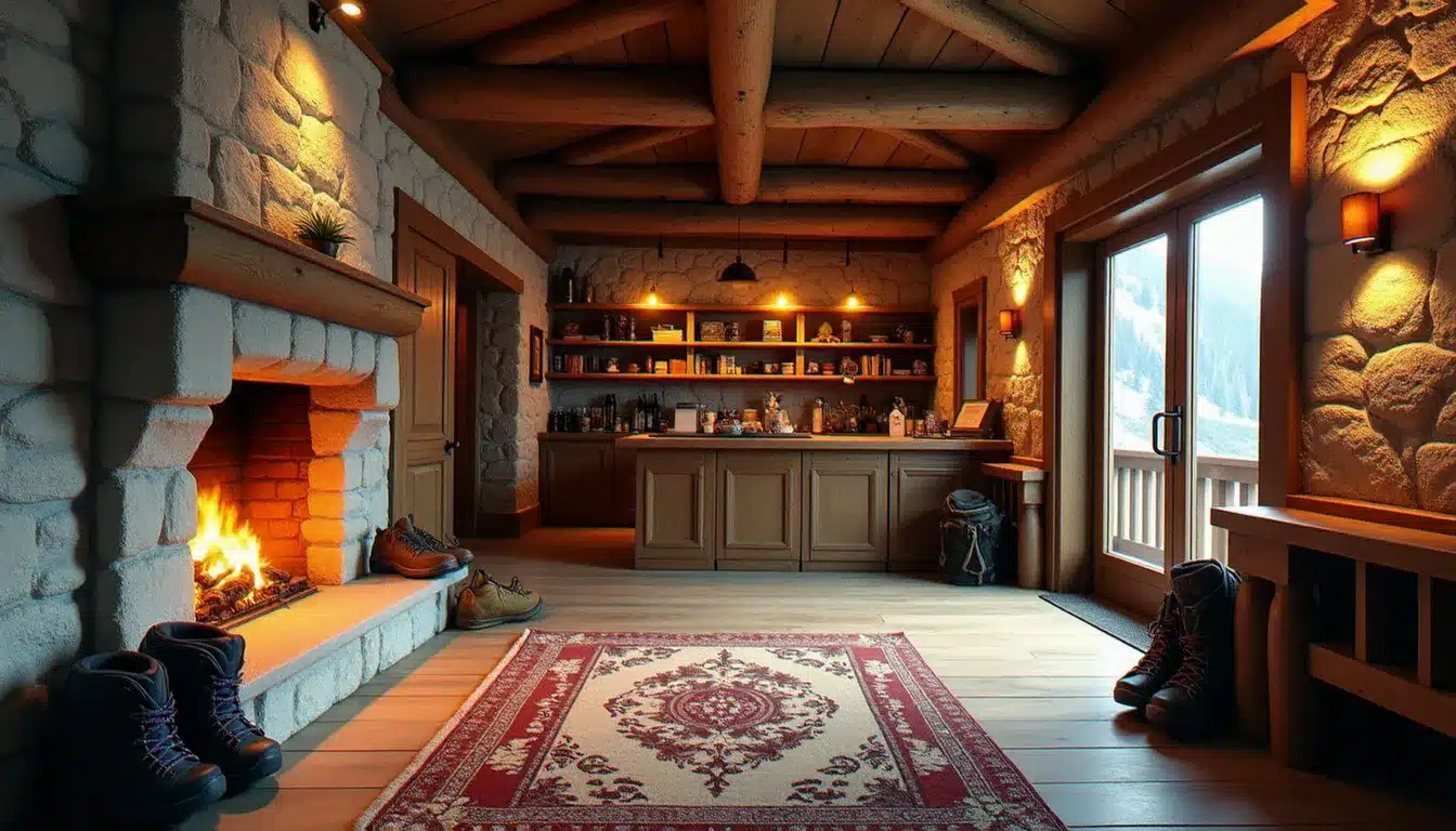 Intérieur d'un hôtel les Roches en montagne avec murs en pierre apparente, poutres bois et cheminée allumée