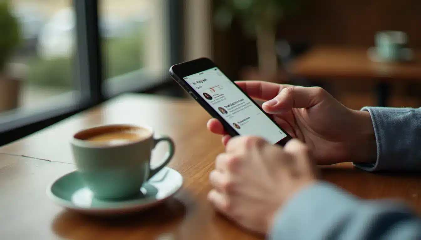 Voyageur consultant les avis clients d'un hôtel sur smartphone avant de réserver, ambiance café avec lumière naturelle