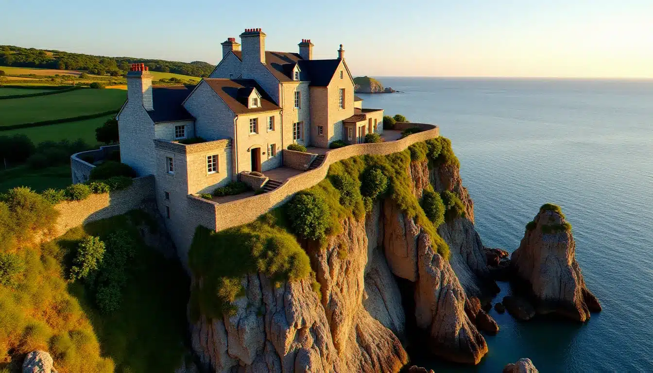 Hôtel les Roches en Bretagne, bâtisse en pierre sur une falaise rocheuse face à la mer avec végétation environnante