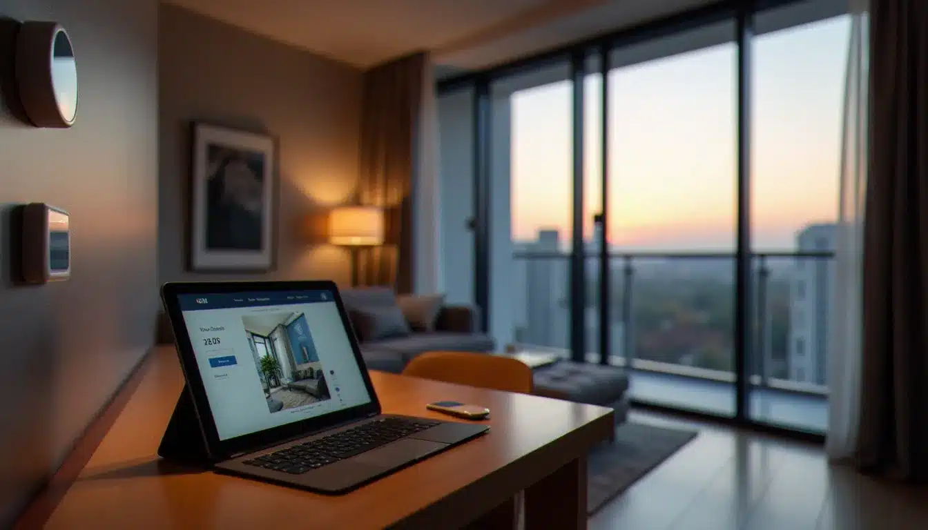 Chambre d'aparthôtel automatisé avec tablette de gestion des services et thermostat connecté, sans personnel