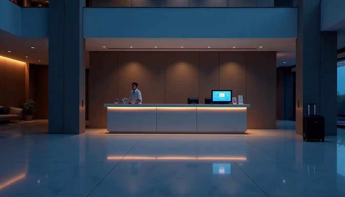 Hall d'entrée d'un hôtel sans humain avec borne de check-in automatique et interface tactile, sans personnel présent
