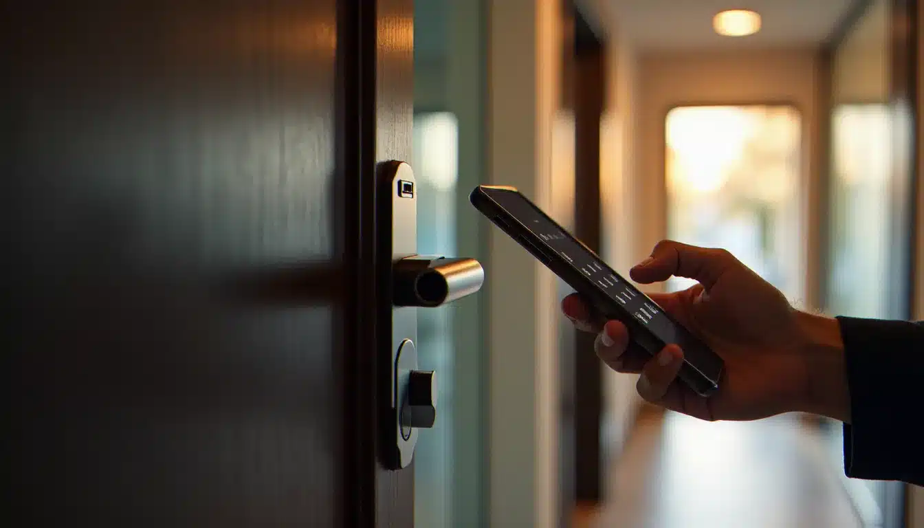 Voyageur utilisant une application mobile pour déverrouiller la porte de sa chambre dans un hôtel sans personnel via une serrure connectée