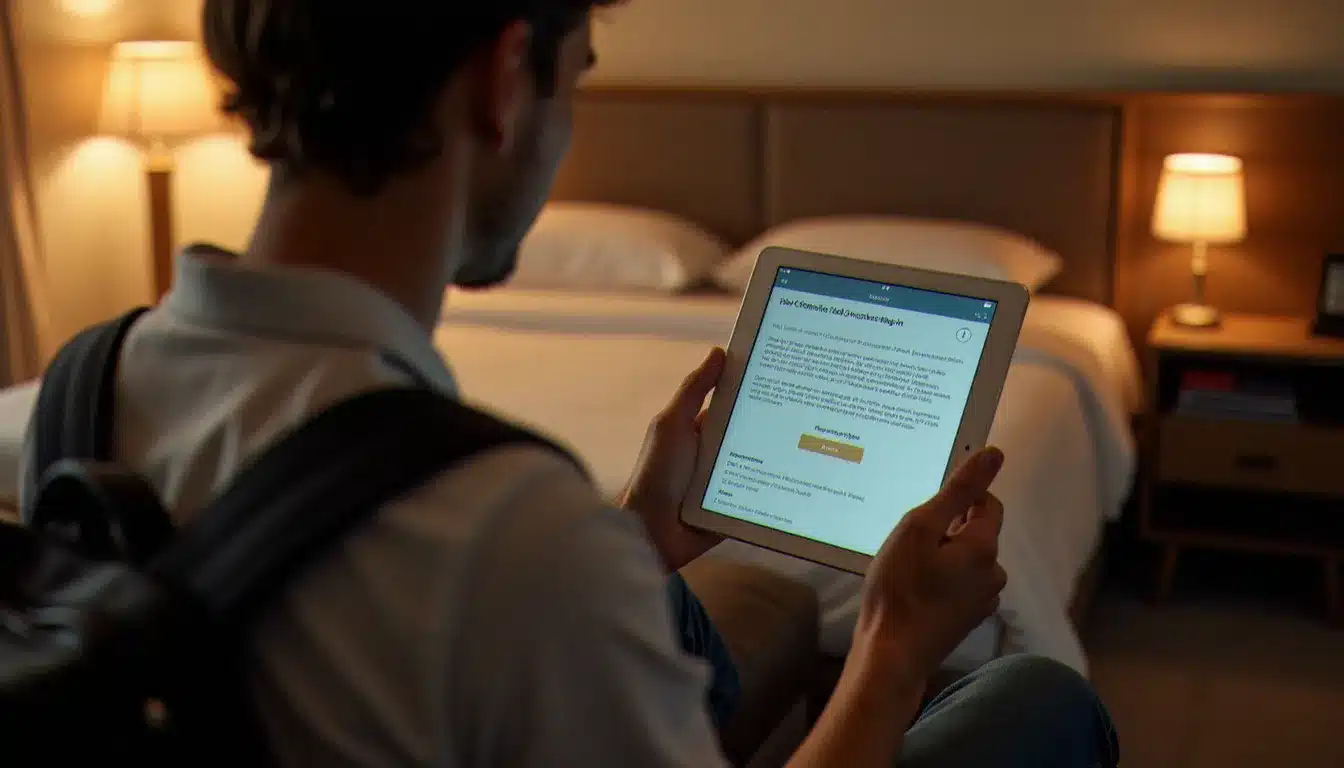 Voyageur consultant les instructions de séjour sur une tablette dans une chambre d'hôtel sans personnel, ambiance feutrée et autonome