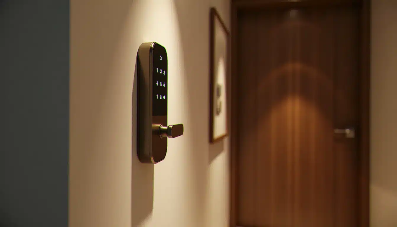 Couloir d'un hôtel sans personnel avec serrure connectée à code numérique sur une porte en bois, ambiance chaleureuse et moderne
