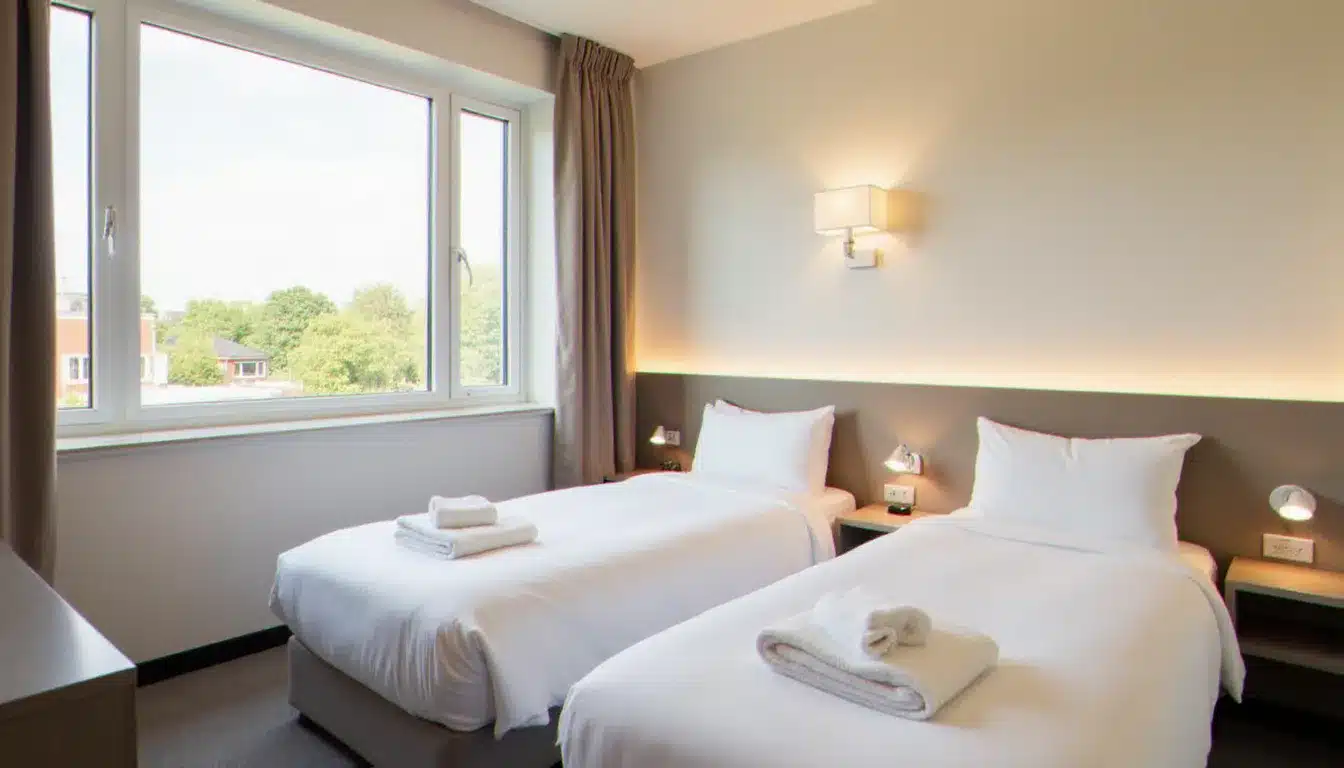 Chambre d'hôtel avec deux lits simples séparés par une table de nuit, configuration twin idéale pour deux voyageurs indépendants