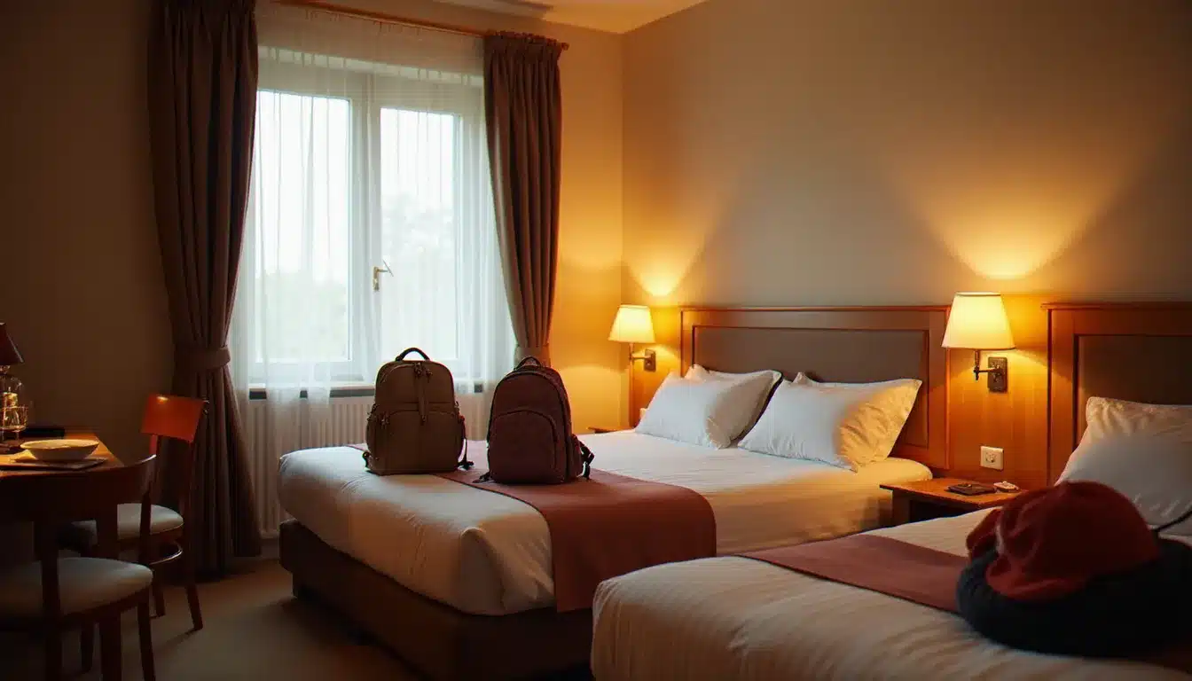 Chambre familiale d'hôtel avec un grand lit double et deux lits simples, configuration adaptée aux familles avec enfants