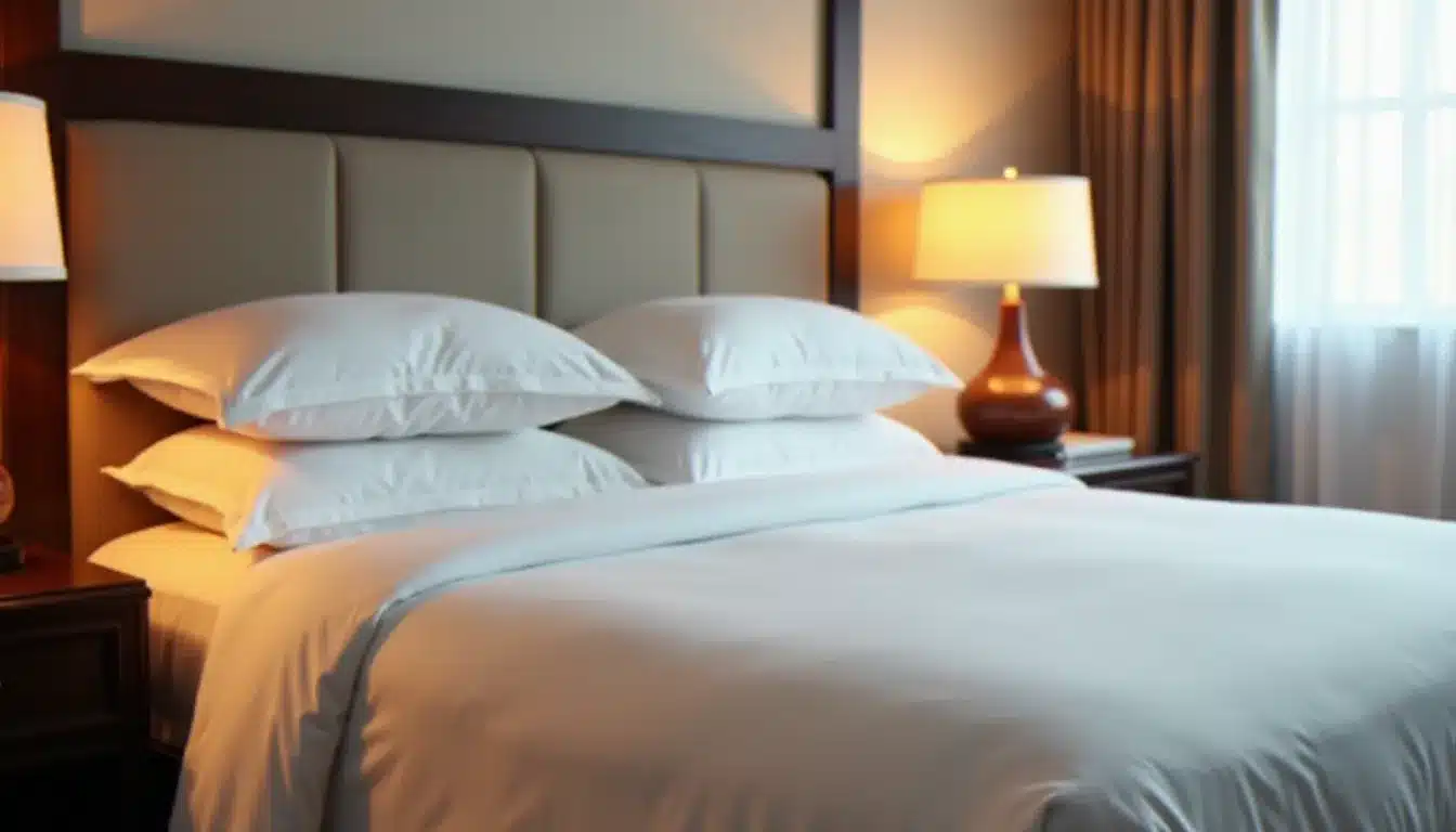 Grand lit king size dans une chambre d'hôtel avec linge blanc impeccable et éclairage chaleureux, illustrant le choix du lit en hôtel