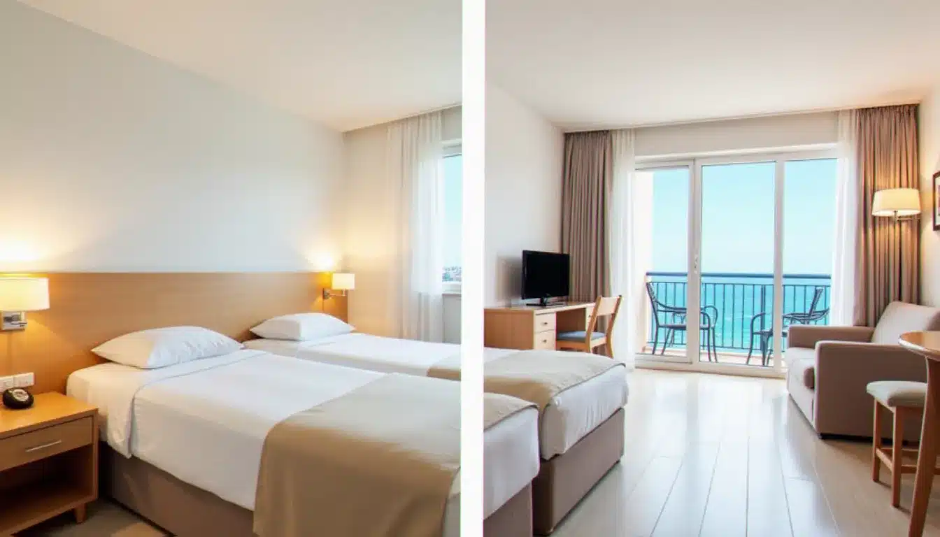 Vue comparée d'une chambre standard 3 étoiles et d'une chambre 4 étoiles avec balcon, illustrant les différences de catégorie à Sousse