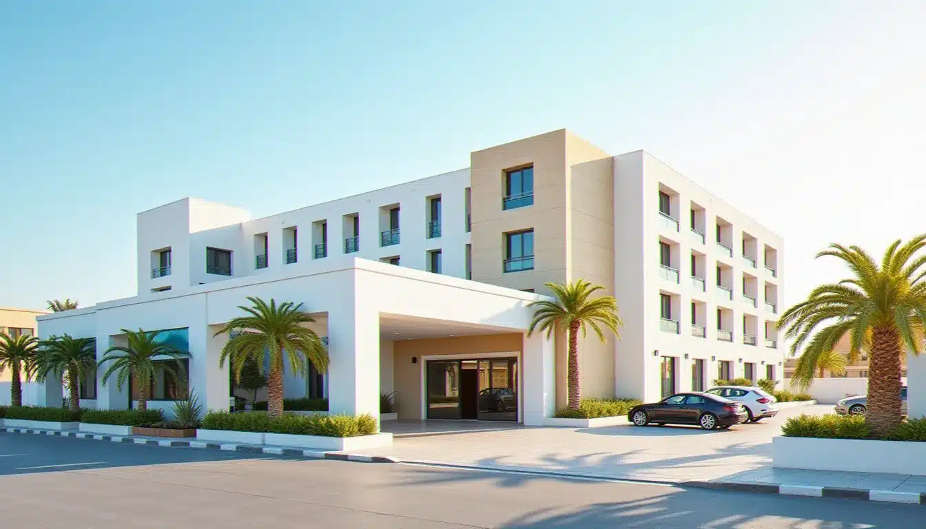 Facade de l'Hotel Marabout Sousse avec son entrée principale, ses palmiers et son parking, photographiée en fin d'après-midi