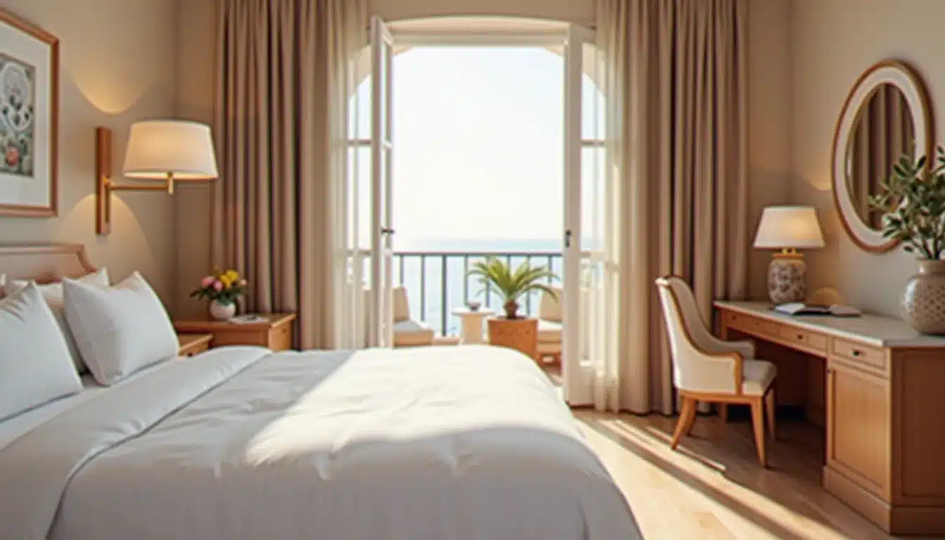 Chambre double avec accès balcon et vue mer, exemple de la typologie d'hébergement proposée par l'Hotel Tanfous Hammamet