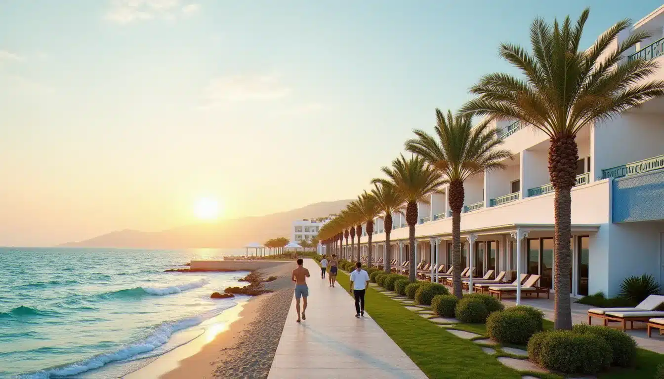 Façade de l'Hotel Tanfous Hammamet bordant la promenade maritime, vue sur la côte tunisienne au coucher du soleil, illustrant l'avis hotel Tanfous Hammamet