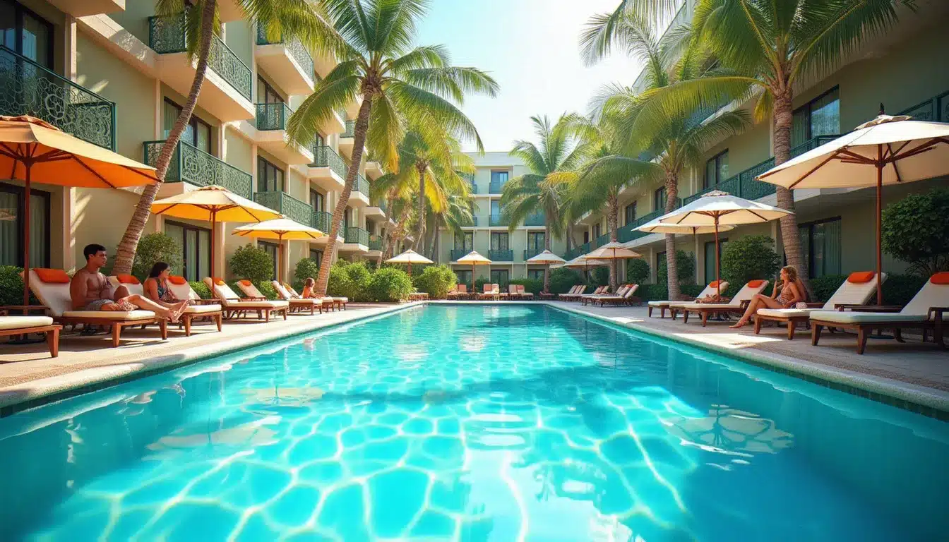 Piscine et zone de détente de l'Hotel Senator Puerto Plata avec transats et plantes tropicales