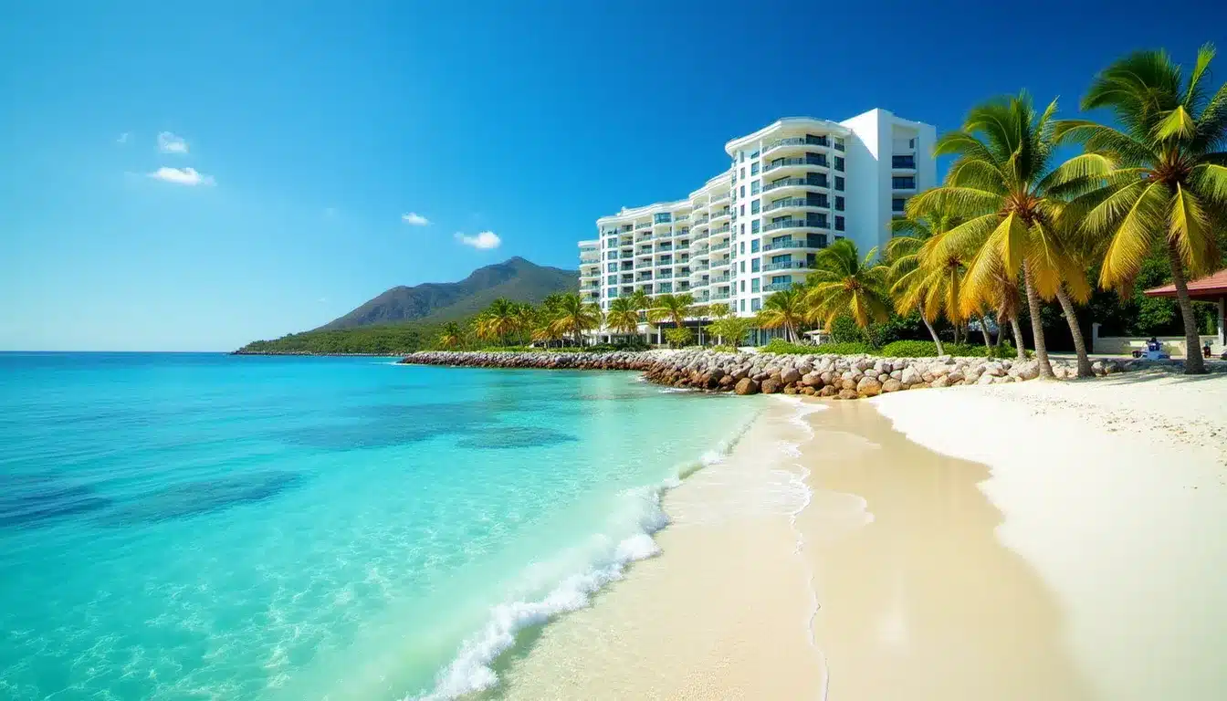 Hotel Senator Puerto Plata vue depuis la plage avec les eaux turquoise de la mer Caraïbe