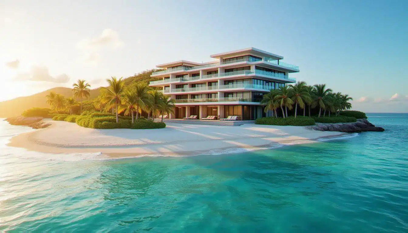 Hôtel 5 étoiles sur une île tropicale au coucher du soleil