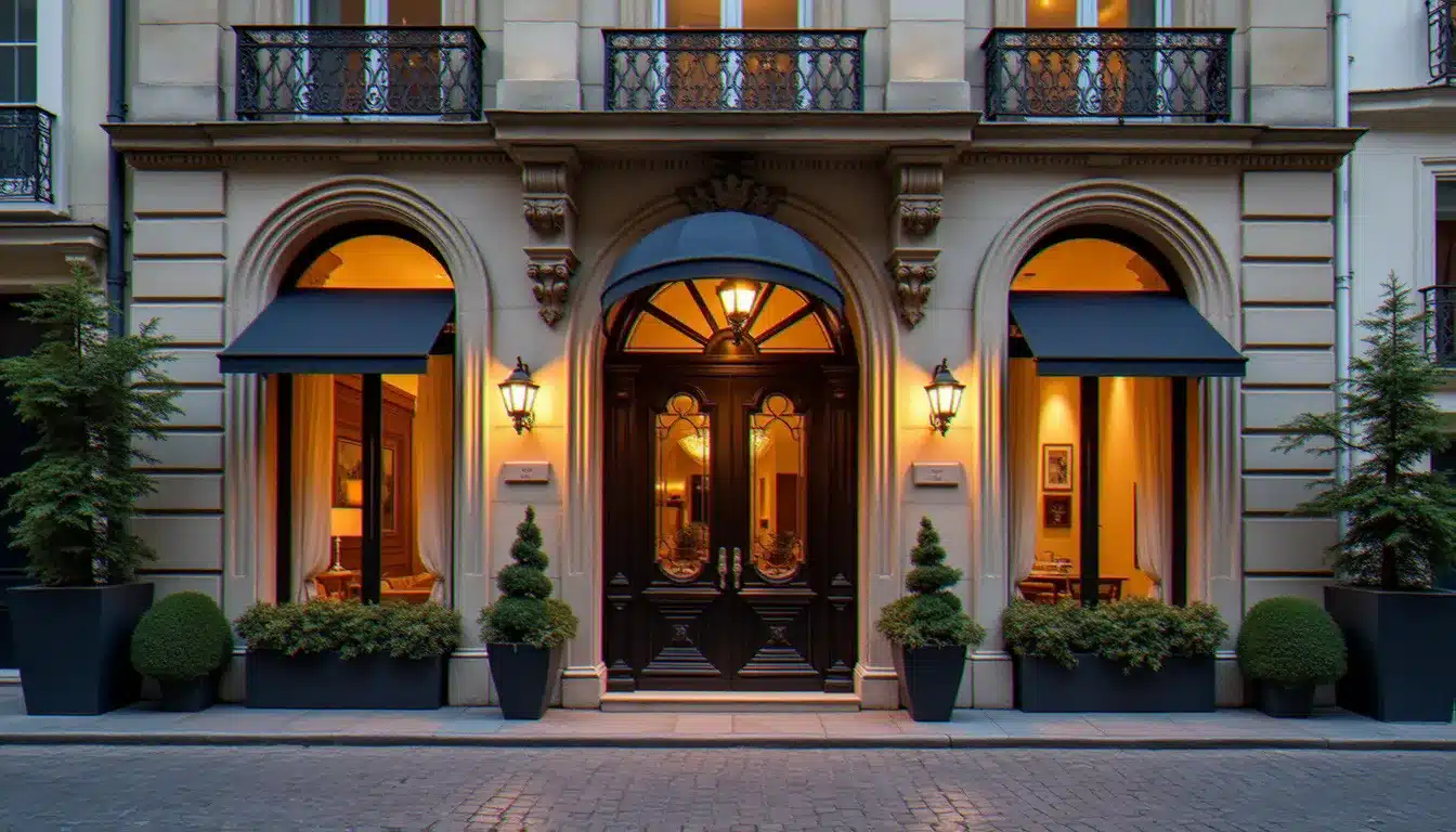 Entrée de l'hôtel Grand Mess à Clermont-Ferrand, façade en pierre et portail en fer forgé, vue sur la rue pavée
