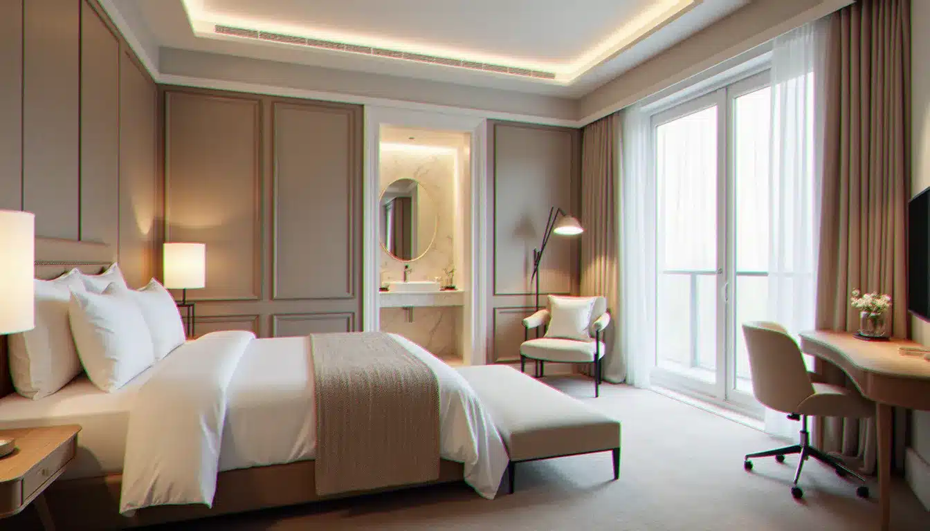 Chambre supérieure de l'hôtel Klesia Demain Nous Appartient avec literie haut de gamme, bureau et grande fenêtre