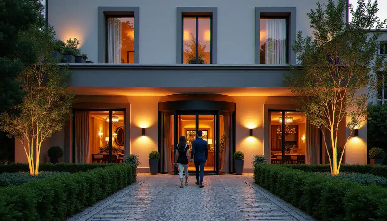 Façade et entrée de l'hôtel Klesia Demain Nous Appartient au coucher du soleil, avec allée pavée et jardin d'entrée éclairé